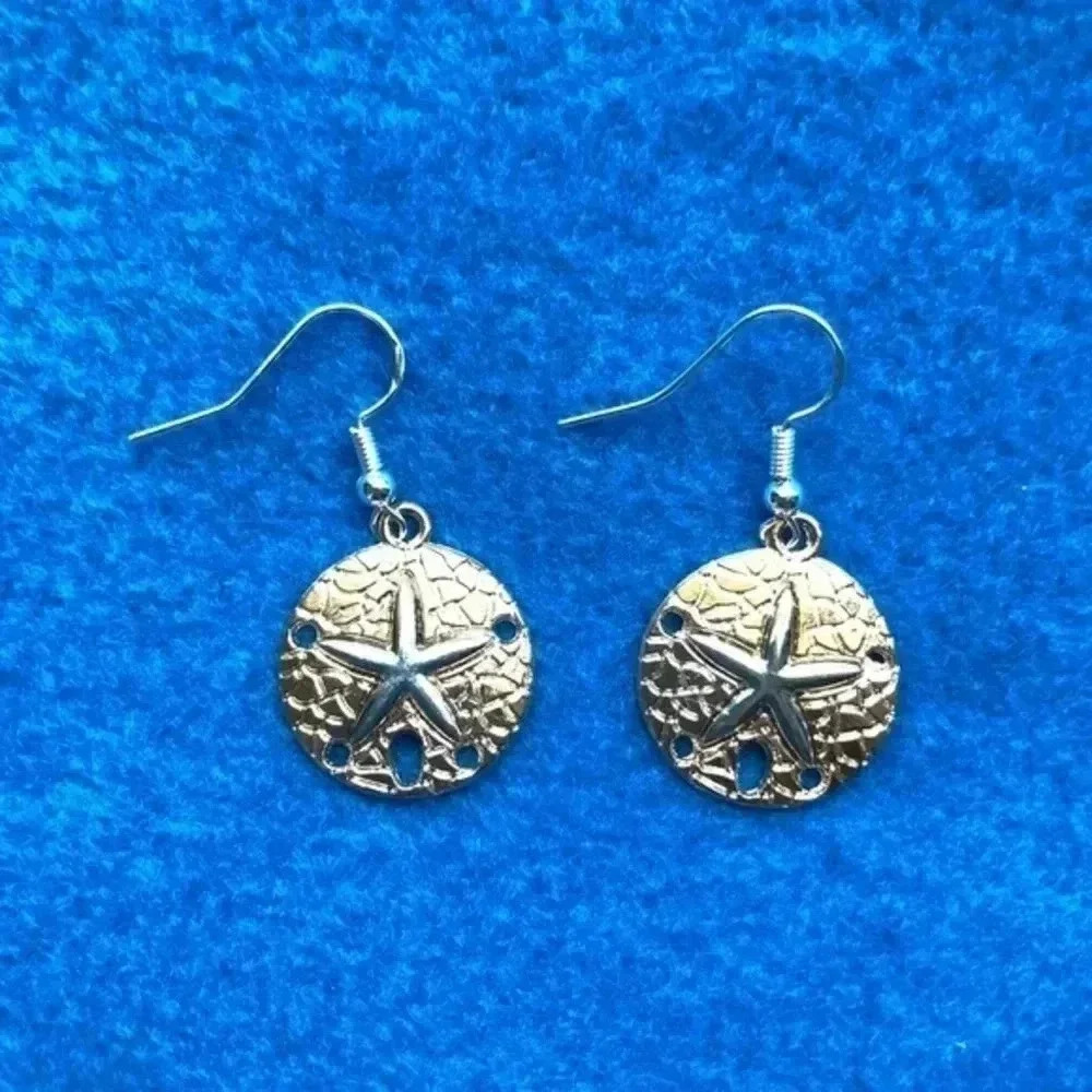 Handmade Gold & Silver Sand Dollar Drop Earrings NWT - Picture 2 of 3
